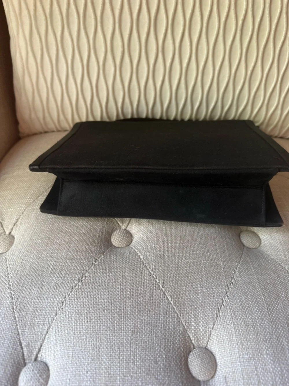 Vintage Inspired Black Satin & Suede Evening Bag Bow Accent Top Handle